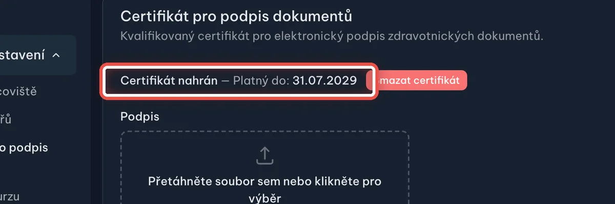 Detail — Podpis potřebuje nahraný certifikát