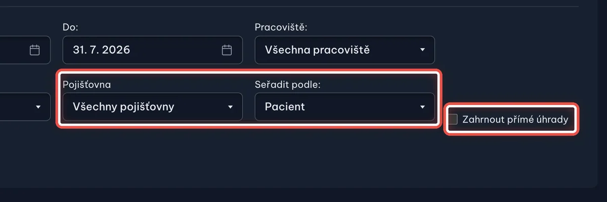 Detail — Pojišťovna, řazení a přímé úhrady
