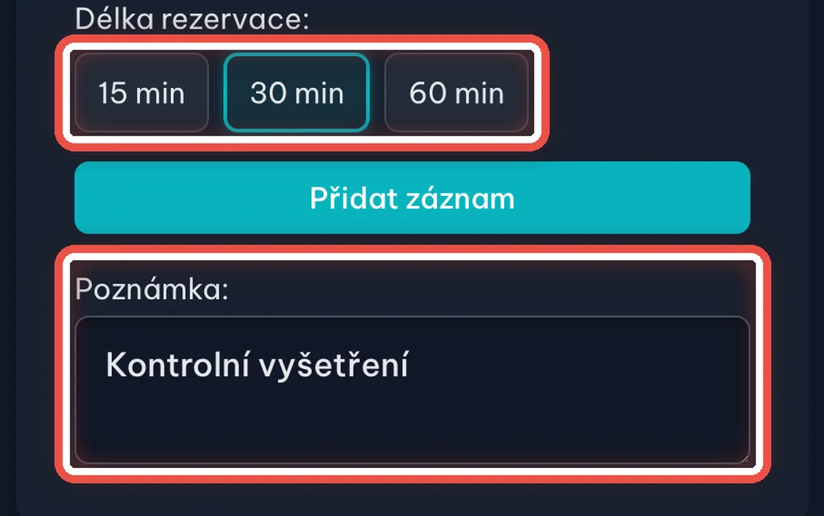 Detail — Vyberte délku a připište poznámku