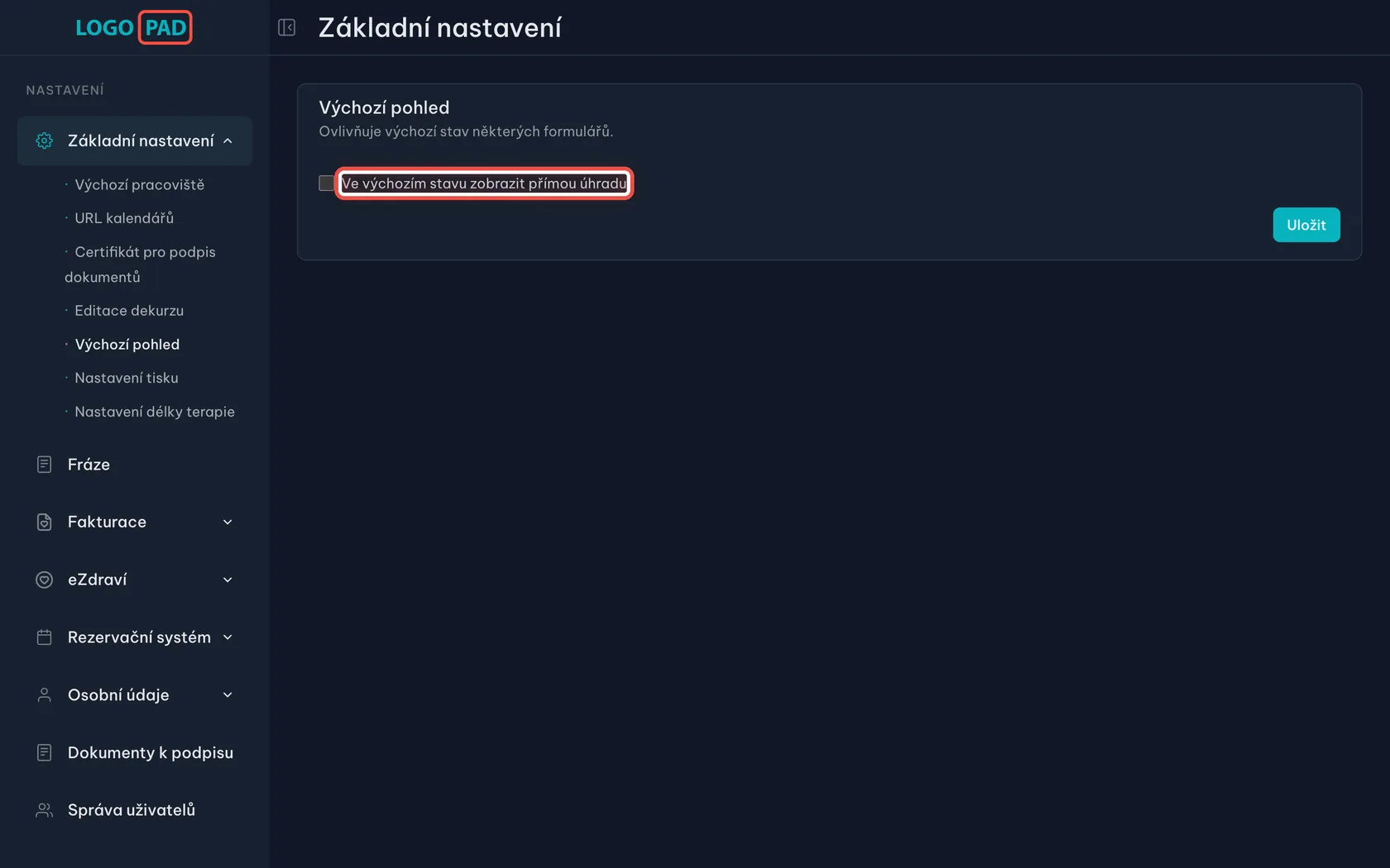 Krok 5 z 13 — Výchozí pohled u výkonů: Přepínač Ve výchozím stavu zobrazit přímou úhradu.