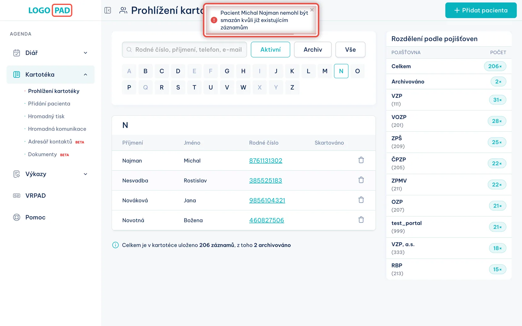 Snímek obrazovky programu LOGOPAD, krok 17 z 17: Když pacienta smazat nejde — Otevřete kartu pacienta, na časové ose postupně smažte všechny jeho záznamy a smazání pacienta pak zkuste znovu.
