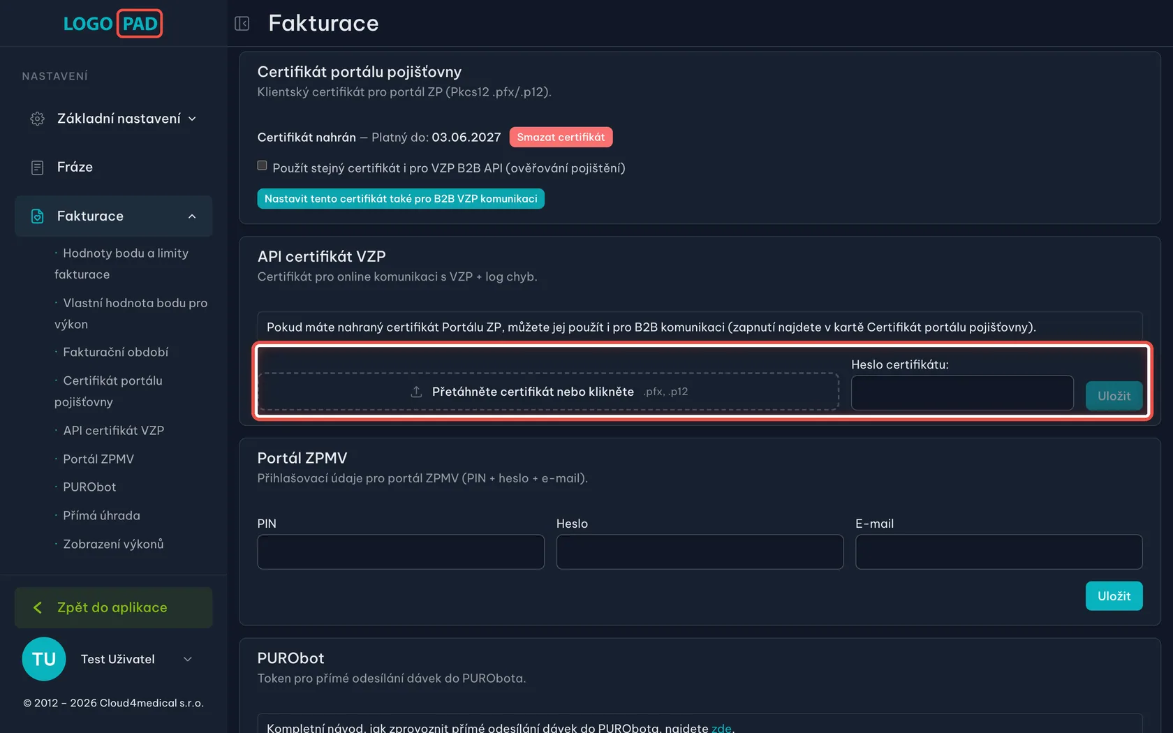 Snímek obrazovky ke kroku 11: API certifikát VZP (nepovinné)