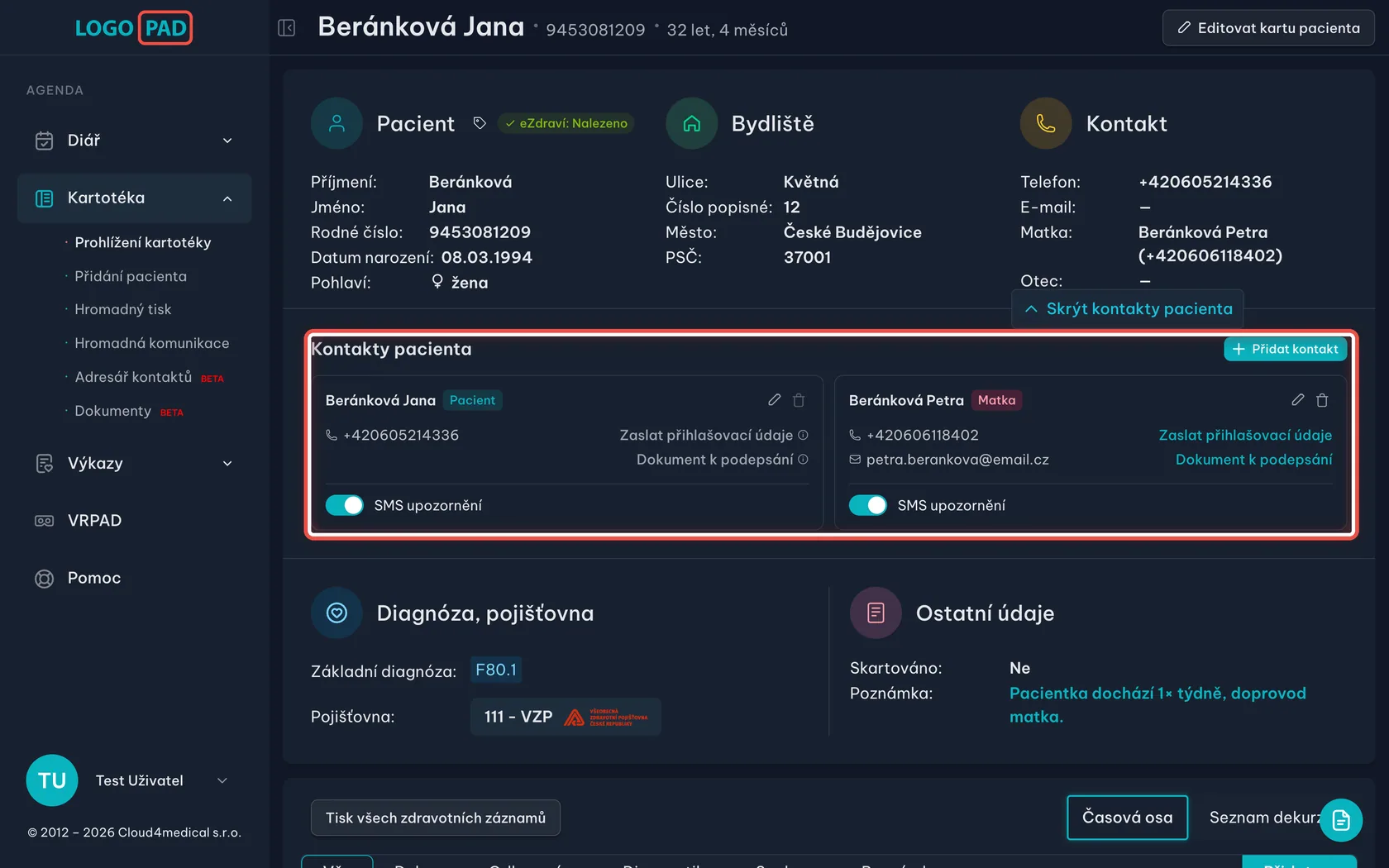 Kontakty pacienta — snímek obrazovky programu, krok 11 z 27