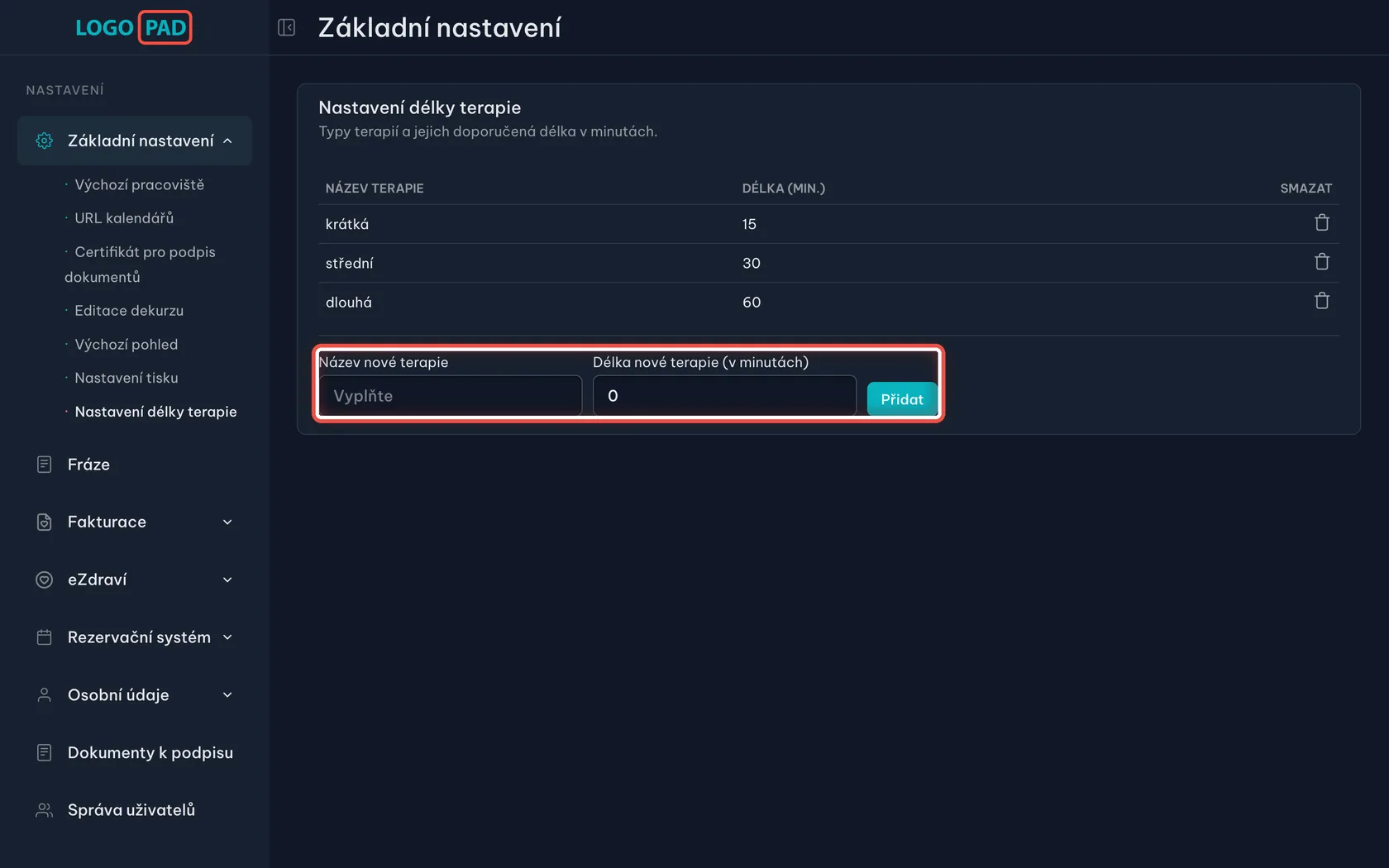 Krok 7 z 13 — Délky terapií: Tabulka typů terapií s délkou v minutách a pod ní řádek pro přidání nové.