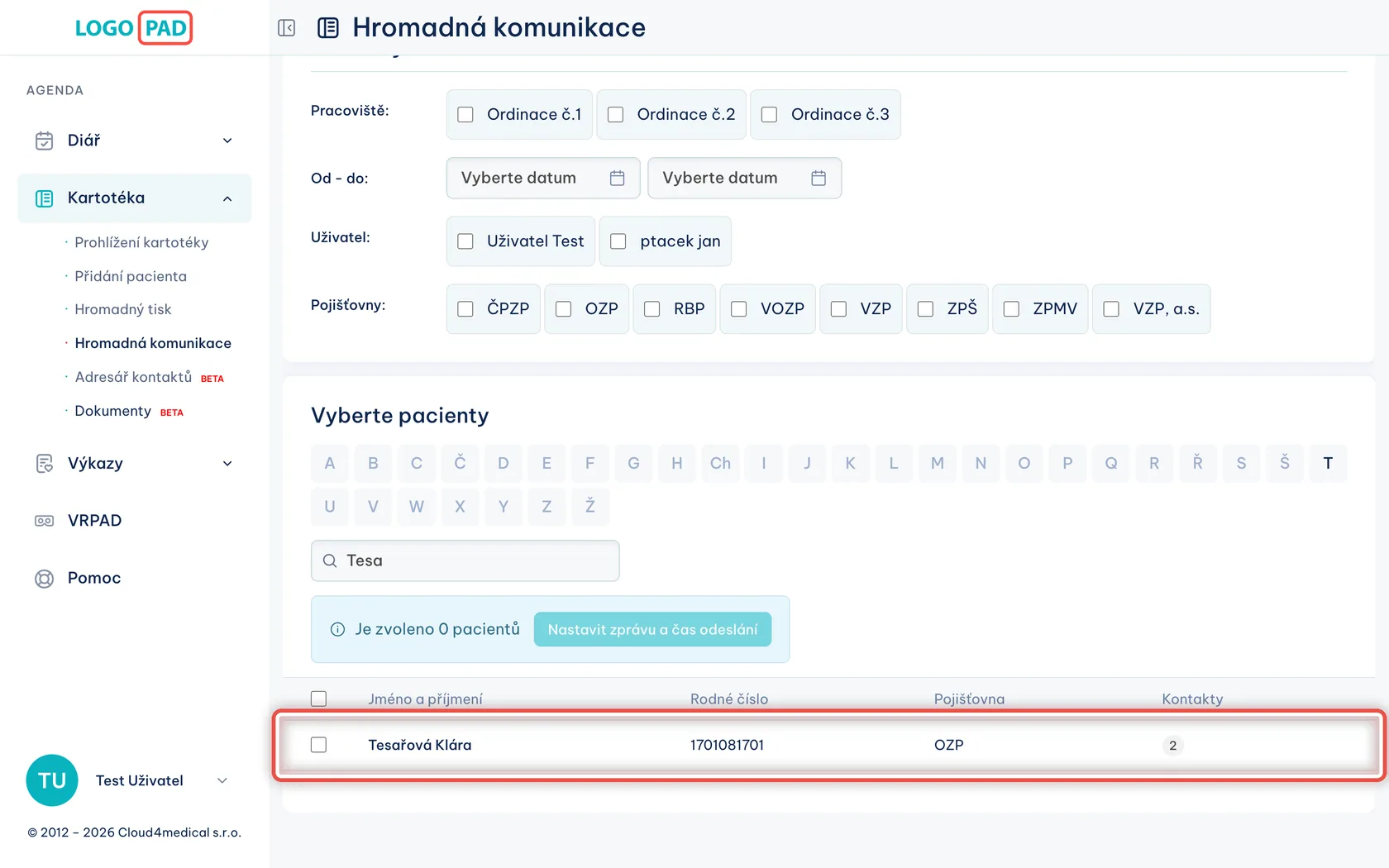 Snímek obrazovky ke kroku 7: Kliknutím pacienta vyberete
