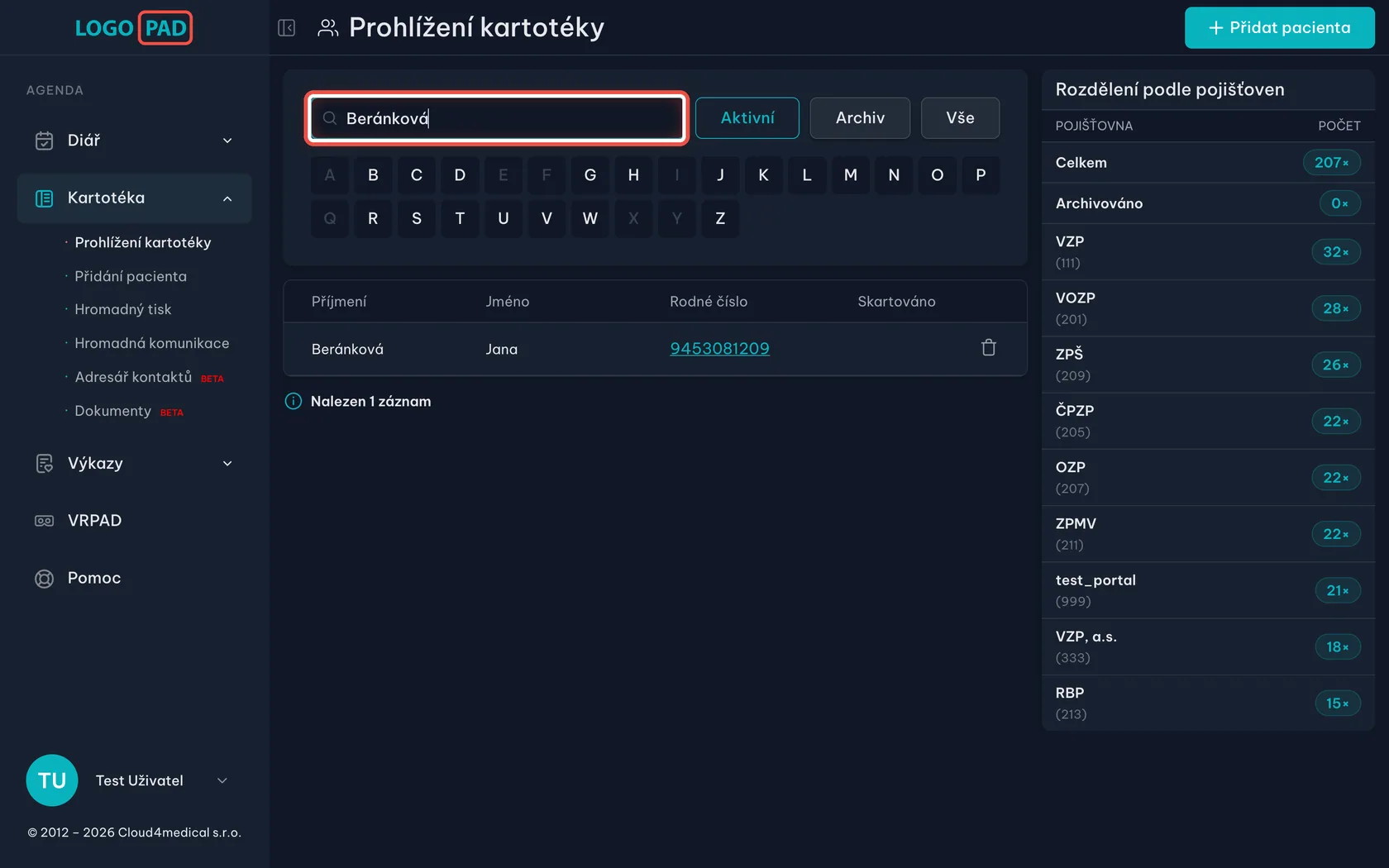 Najděte pacienta — snímek obrazovky programu, krok 2 z 27