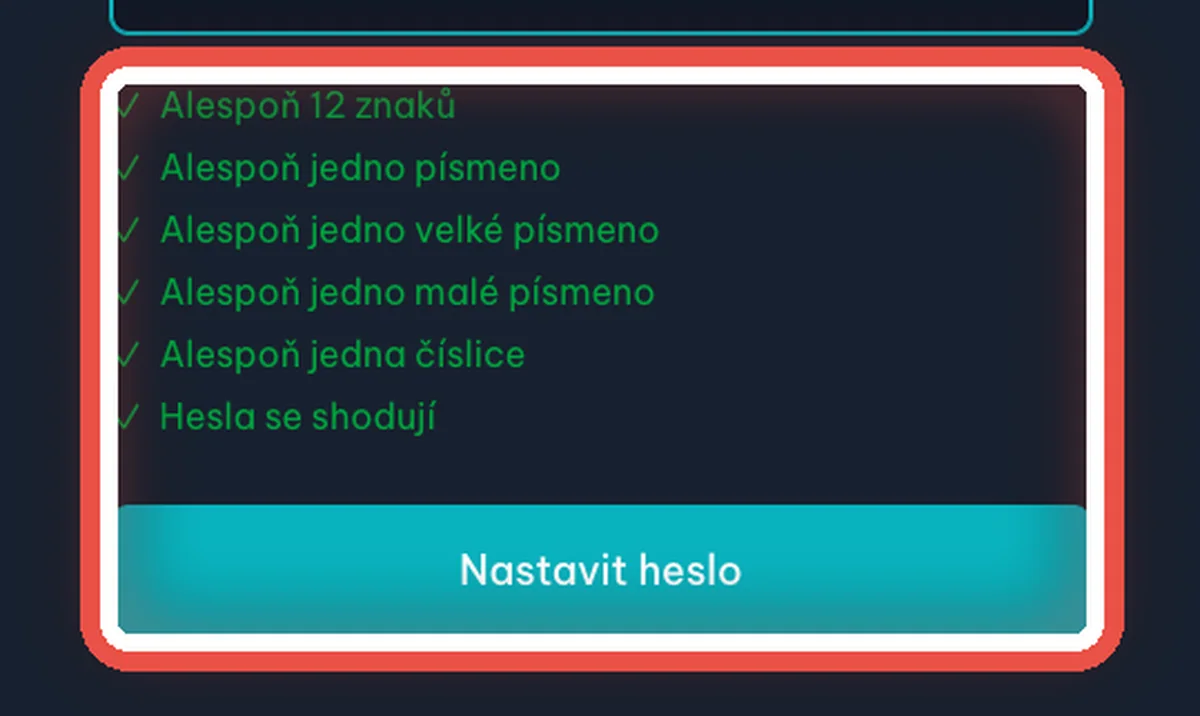 Detail — Heslo musí splnit šest pravidel