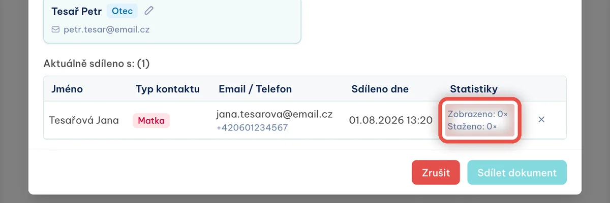 Detail — Podívejte se, komu je dokument sdílený