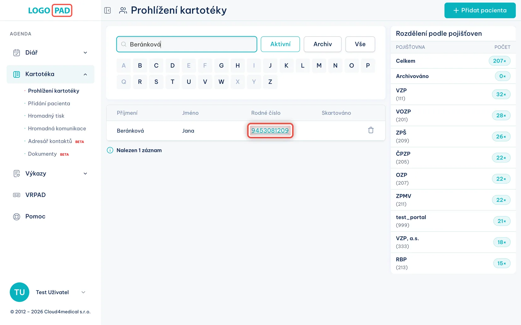 Otevřete kartu pacienta — snímek obrazovky programu, krok 3 z 27