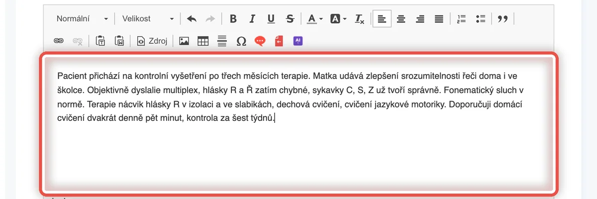 Detail — Přepsaný text se vypíše do dekurzu