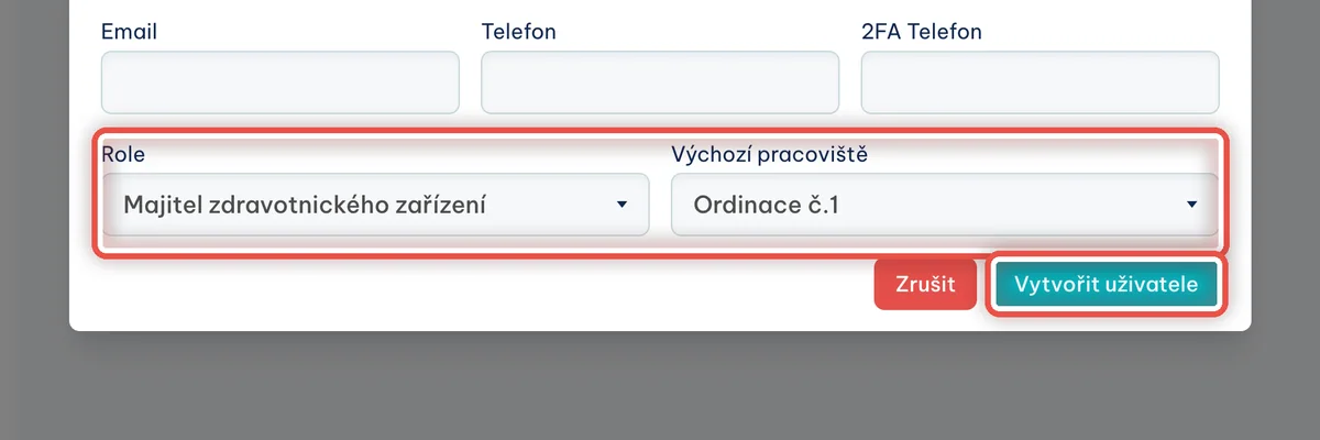 Zblízka — Založení nového uživatele: Vyplňte jméno, příjmení a e-mail, vyberte Roli a pracoviště a klikněte na Vytvořit uživatele.