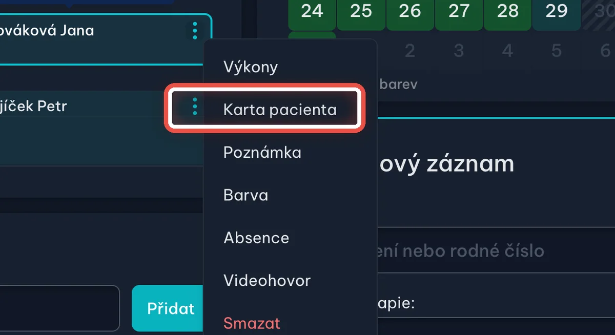 Detail — Druhá cesta: nejdřív otevřete kartu pacienta