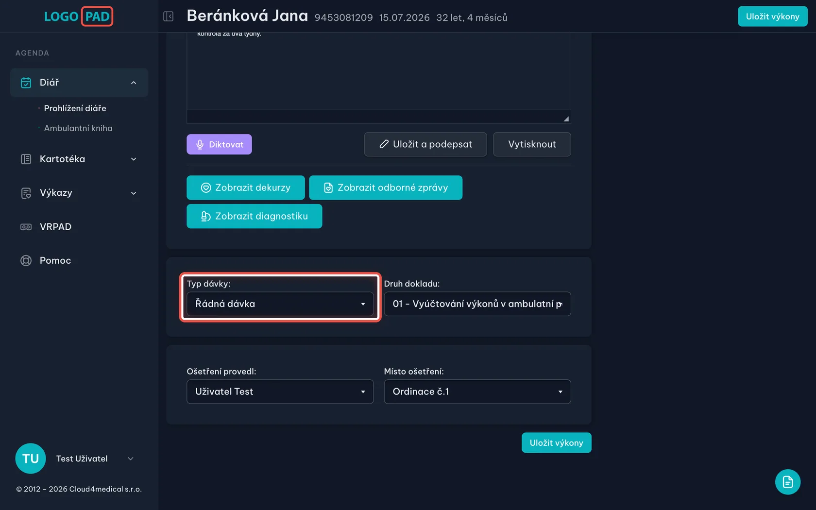 Snímek obrazovky ke kroku 8: Potřebuji dávku a fakturu jen za jedno sezení, ne za celý měsíc