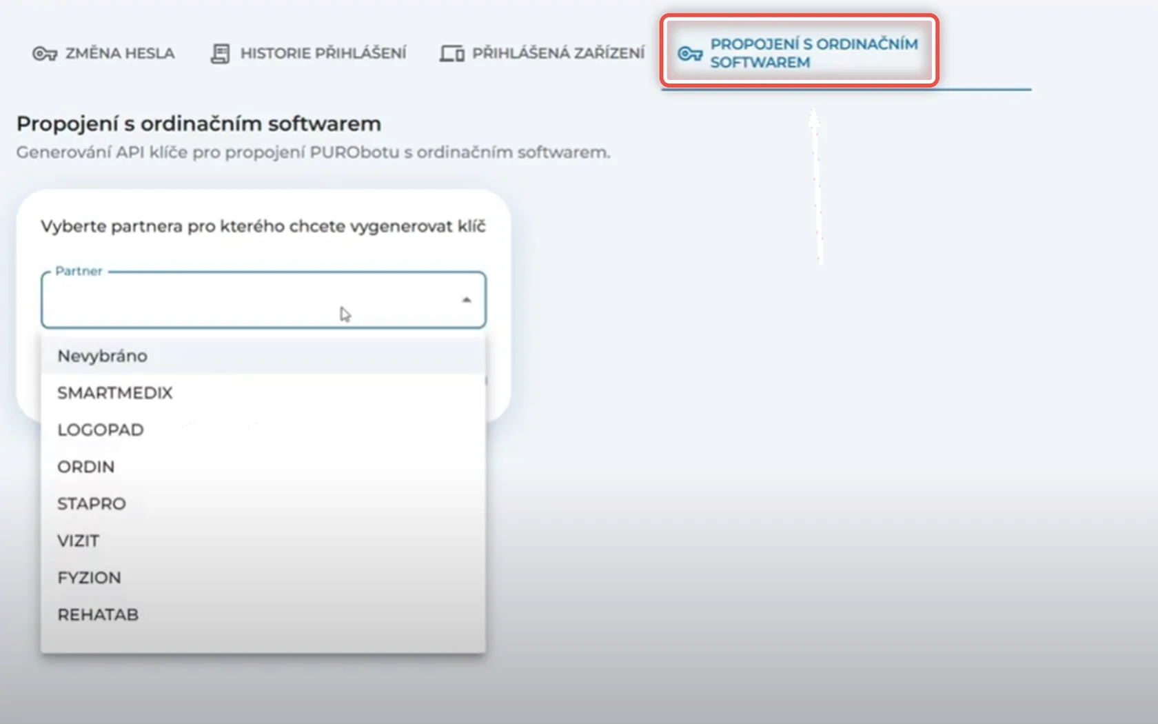Snímek obrazovky ke kroku 2: Kde se generuje klíč pro propojení s ordinačním softwarem