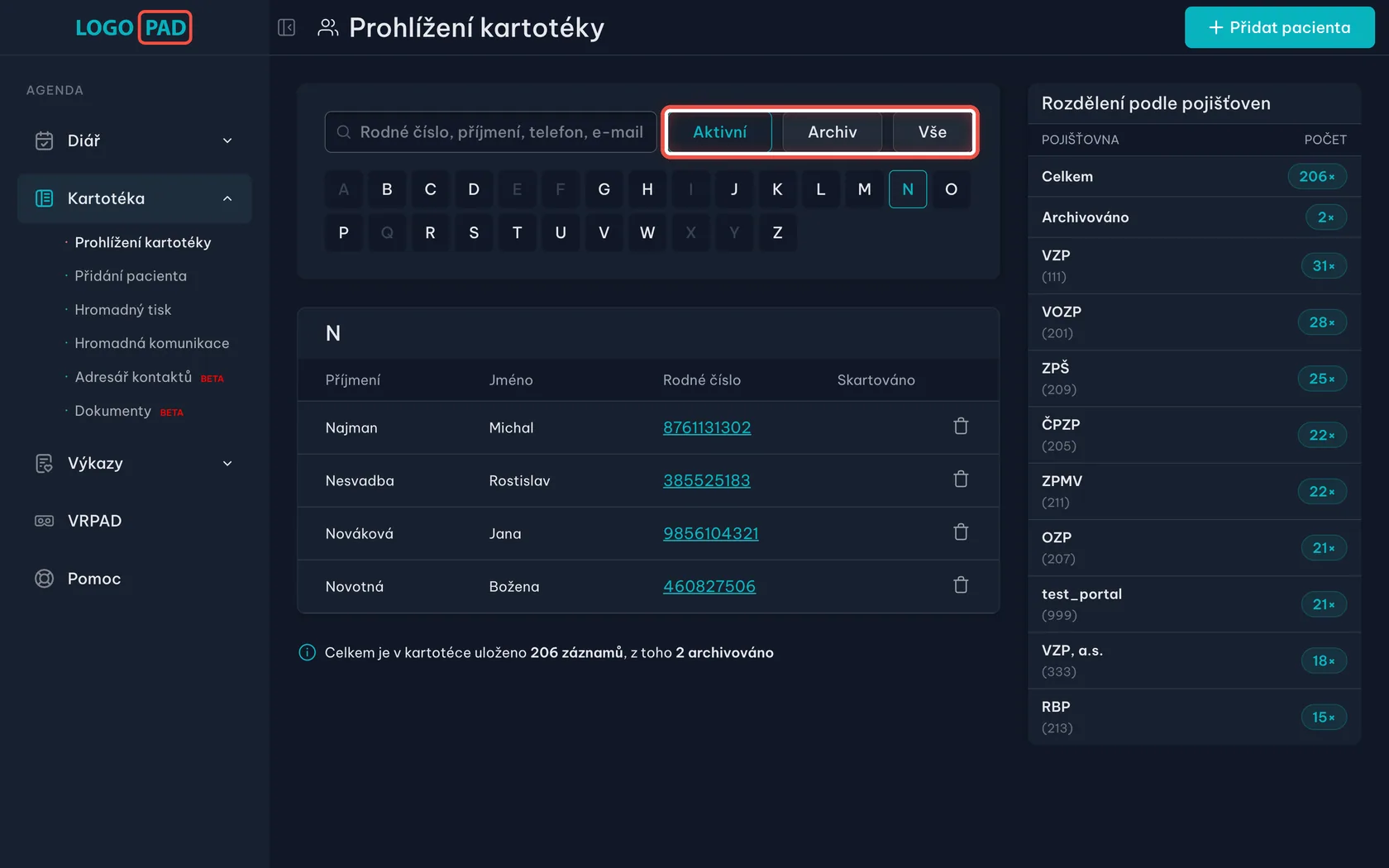 Snímek obrazovky programu LOGOPAD, krok 7 z 17: Přepínejte mezi aktivními a archivem — Nechte zapnuté Aktivní. Uvidíte pacienty, které aktuálně léčíte — ti odložení do archivu vám nepřekáží v seznamu.