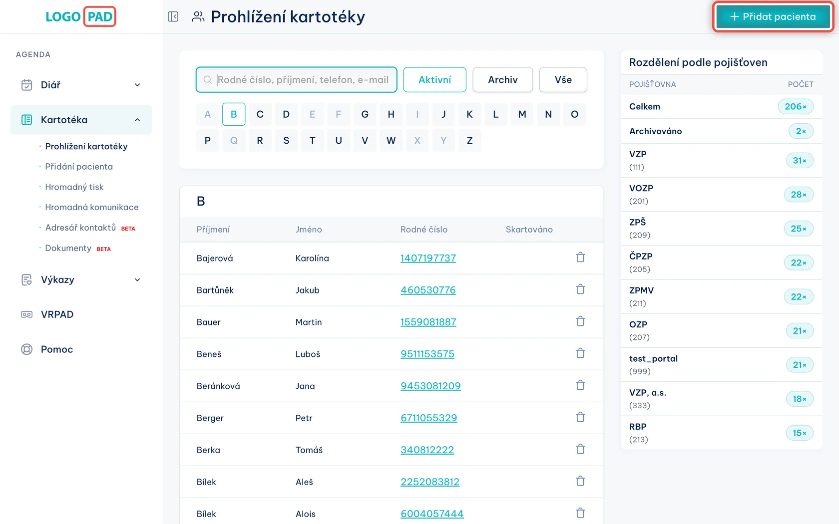 Snímek obrazovky programu LOGOPAD, krok 14 z 17: Přidání nového pacienta — Když pacient v kartotéce ještě není, klikněte na Přidat pacienta a vyplňte formulář.