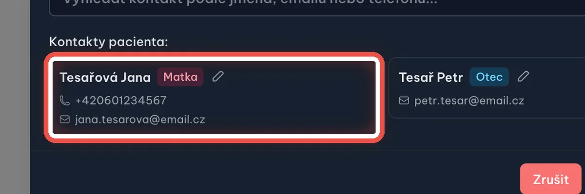 Detail — Vyberte kontakt pacienta