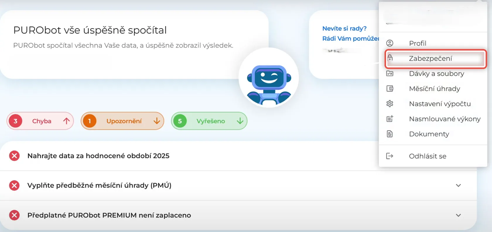 Snímek obrazovky ke kroku 1: Kde v PURObotu najdete Zabezpečení