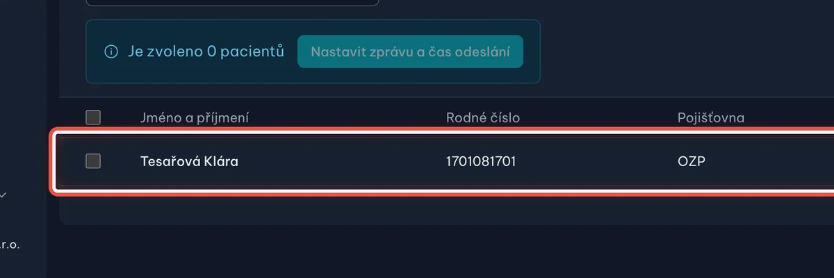 Detail — Kliknutím pacienta vyberete