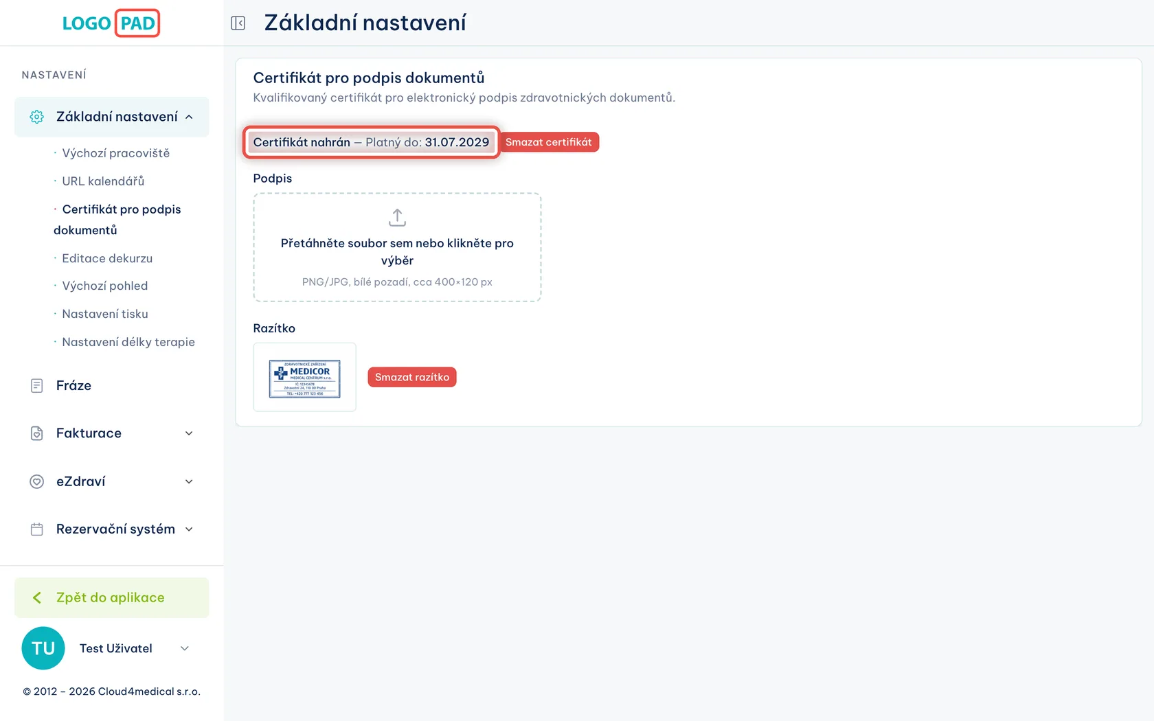 Snímek obrazovky ke kroku 17: Po nahrání nových certifikátů nejde podepisovat ani odesílat