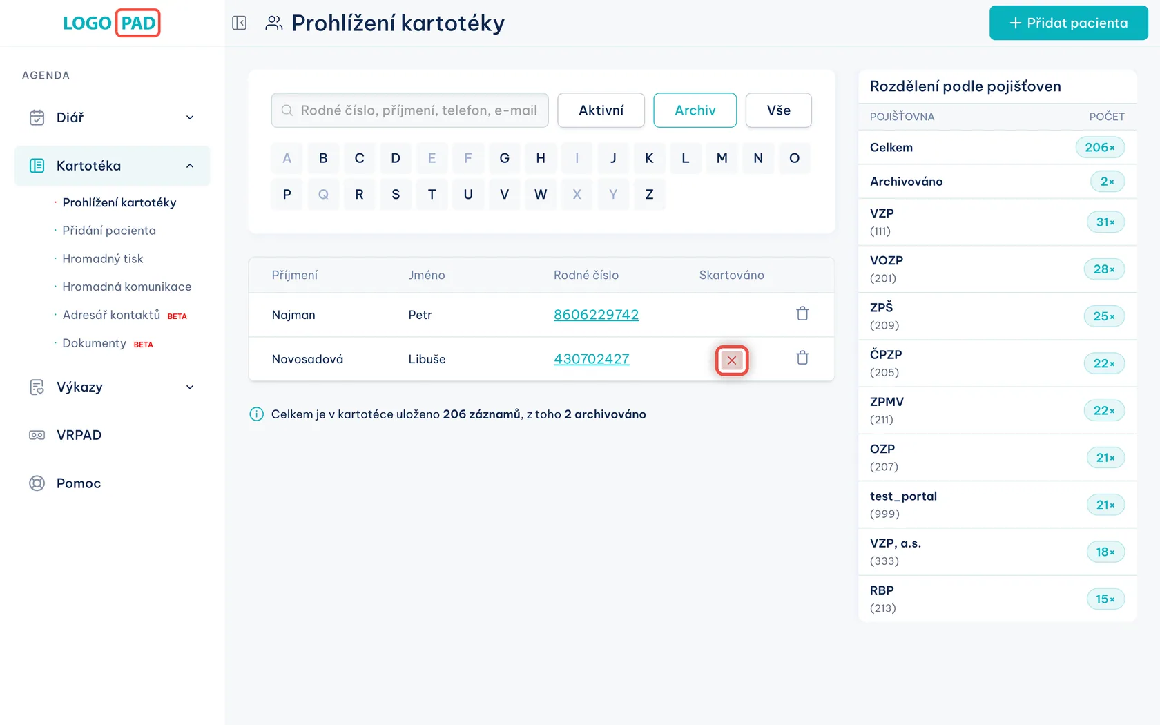 Snímek obrazovky programu LOGOPAD, krok 9 z 17: Sloupec Skartováno — Nic, je to jen informace. Křížek znamená, že papírová dokumentace pacienta už byla skartovaná. Nastavuje se v kartě…
