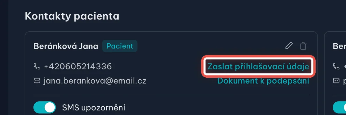 Detail — Pošlete pacientovi přihlašovací údaje