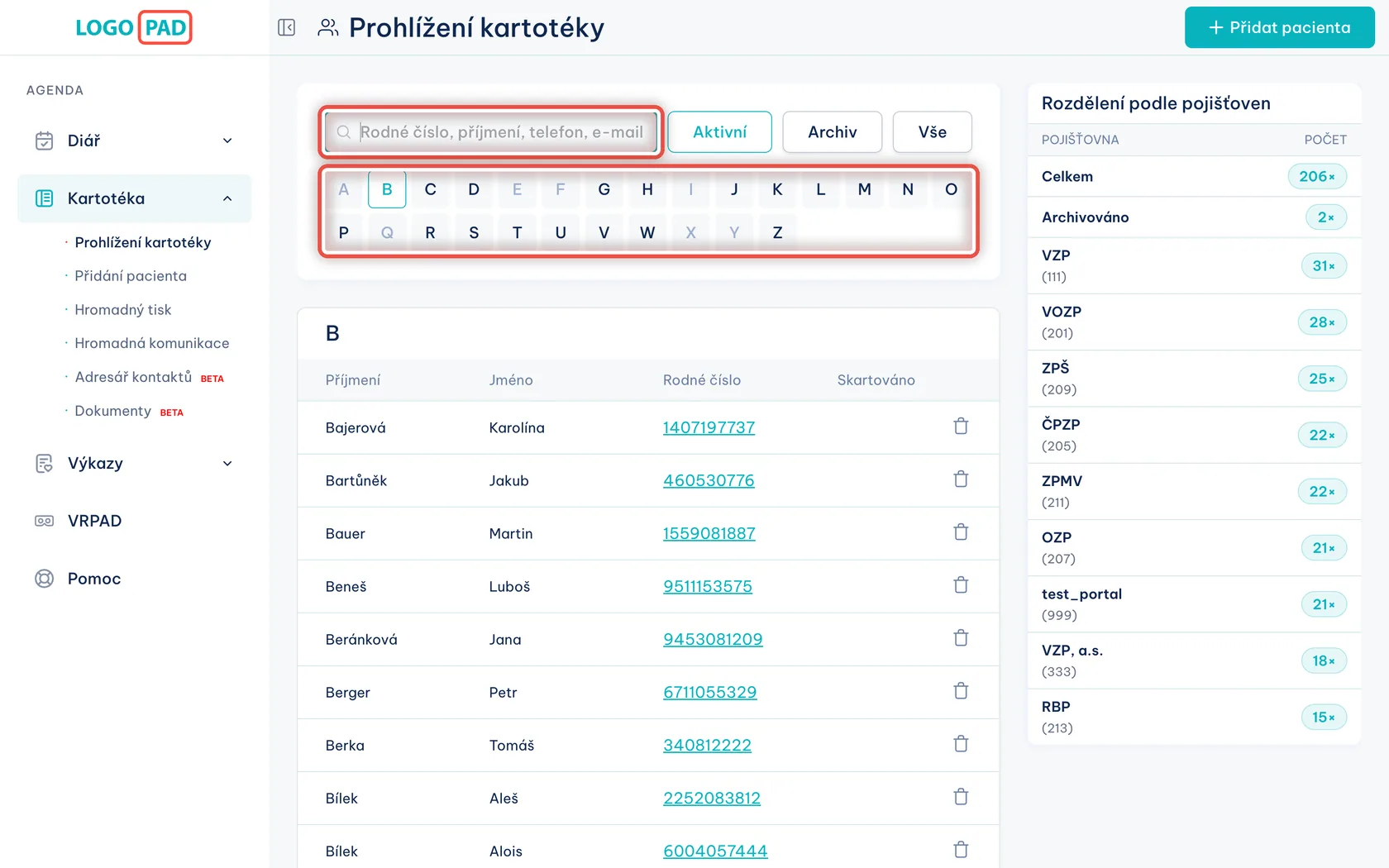Snímek obrazovky programu LOGOPAD, krok 3 z 17: Takhle kartotéka vypadá — Zatím nikam neklikejte, jen se rozhlédněte. Pacienta můžete najít dvěma způsoby — napsat kousek jeho údajů (rodné číslo…