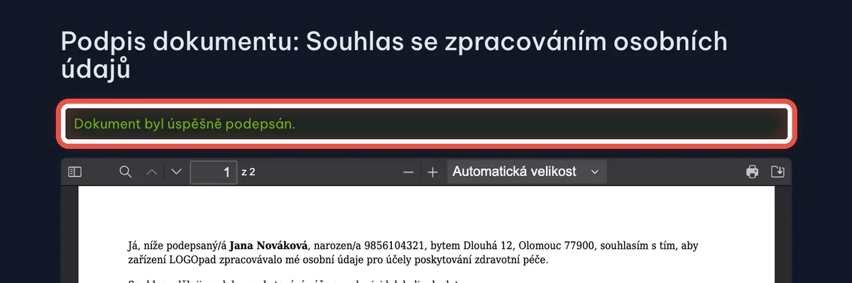Detail — Hotovo — dokument je podepsaný