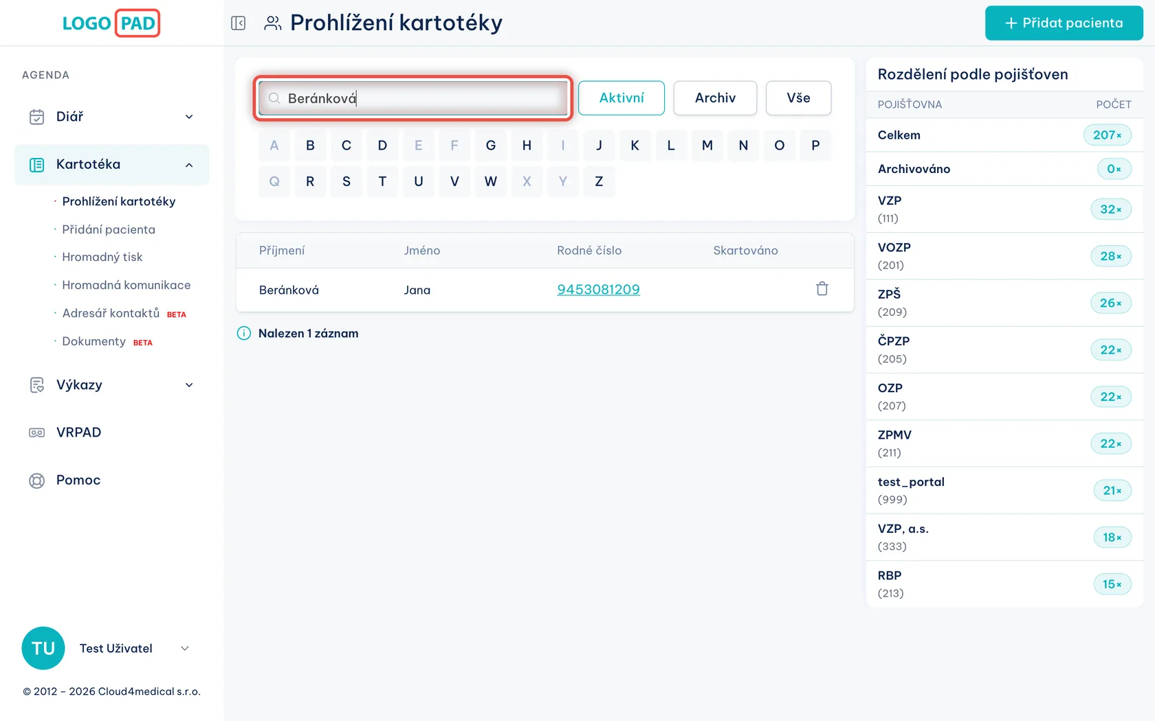 Najděte pacienta — snímek obrazovky programu, krok 2 z 27