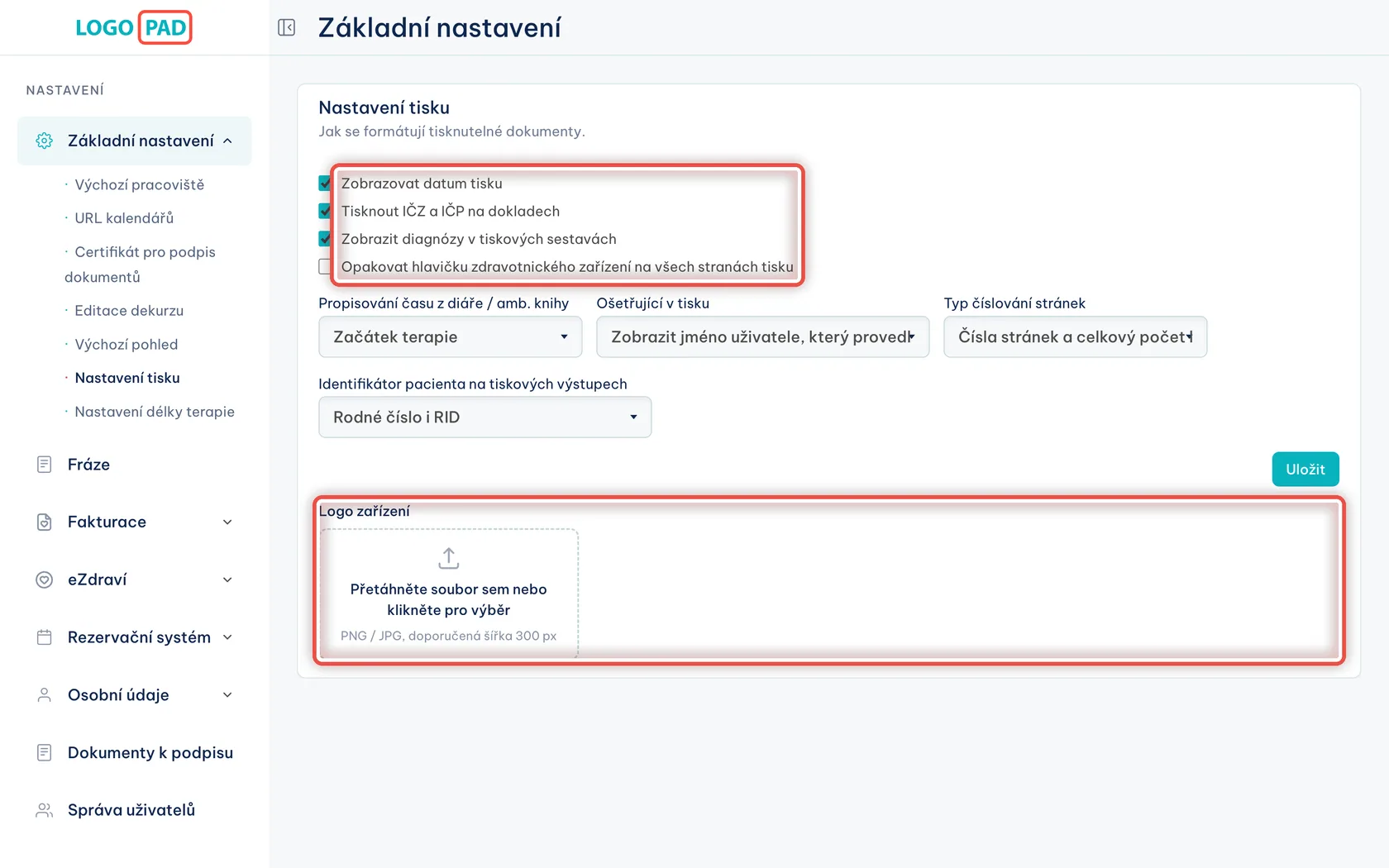Krok 6 z 13 — Jak mají vypadat tisky: Přepínače a nabídky, které řídí podobu všech tištěných dokumentů — dekurzů, zpráv i dokladů.