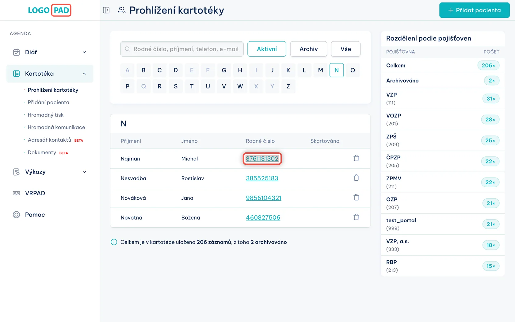 Snímek obrazovky programu LOGOPAD, krok 10 z 17: Otevřete kartu pacienta — Klikněte na rodné číslo pacienta, kterého chcete otevřít.