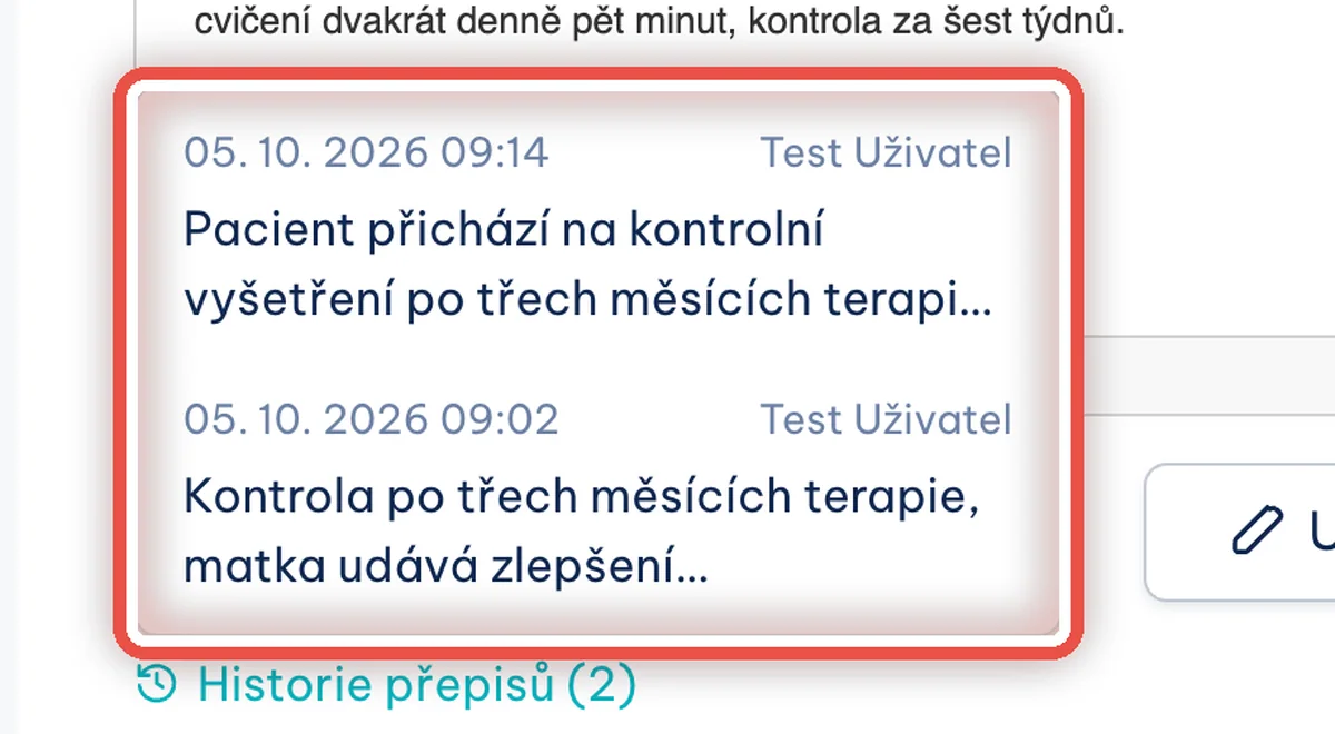 Detail — Historie přepisů — vložení staršího diktátu znovu