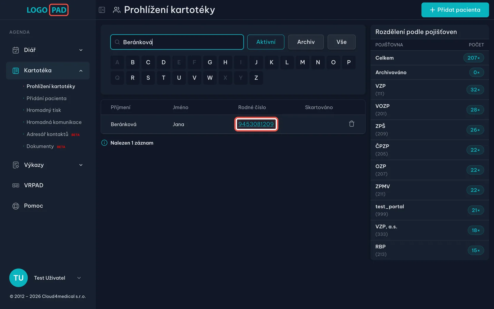 Otevřete kartu pacienta — snímek obrazovky programu, krok 3 z 27