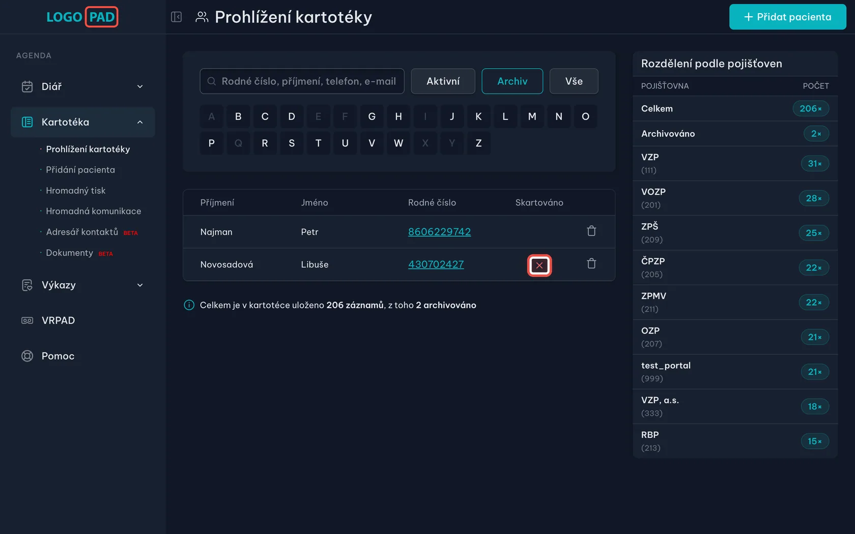 Snímek obrazovky programu LOGOPAD, krok 9 z 17: Sloupec Skartováno — Nic, je to jen informace. Křížek znamená, že papírová dokumentace pacienta už byla skartovaná. Nastavuje se v kartě…