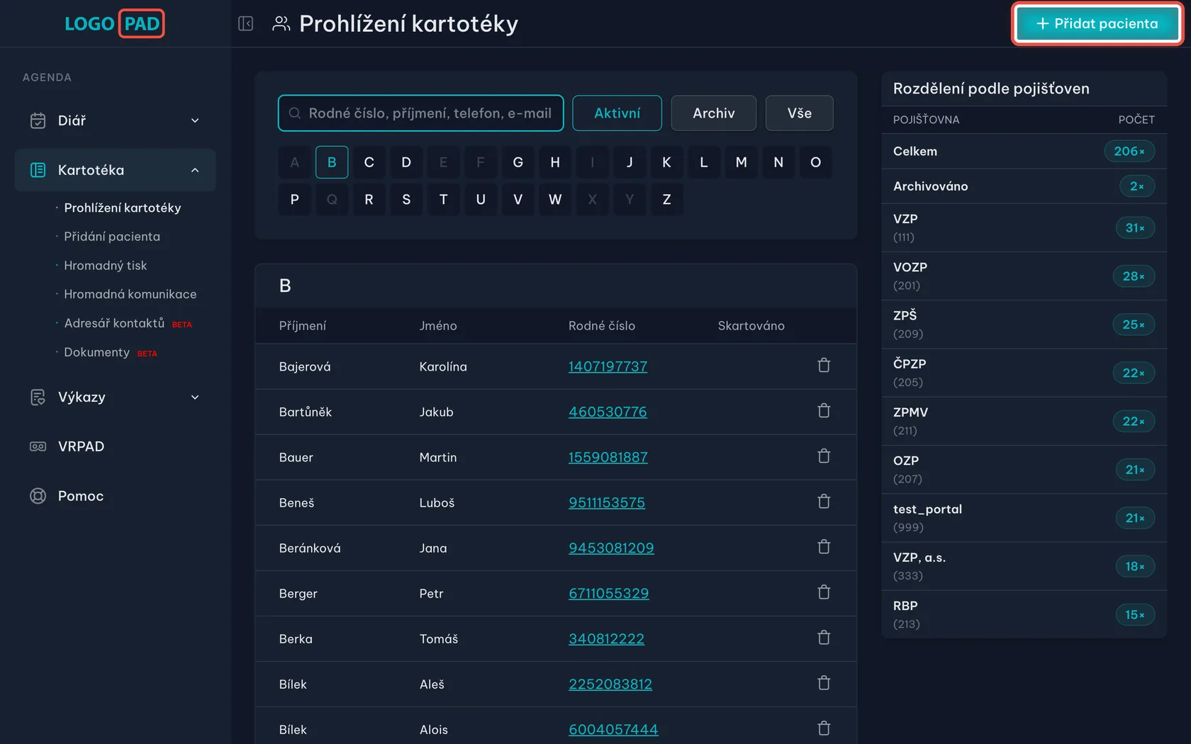 Snímek obrazovky programu LOGOPAD, krok 14 z 17: Přidání nového pacienta — Když pacient v kartotéce ještě není, klikněte na Přidat pacienta a vyplňte formulář.