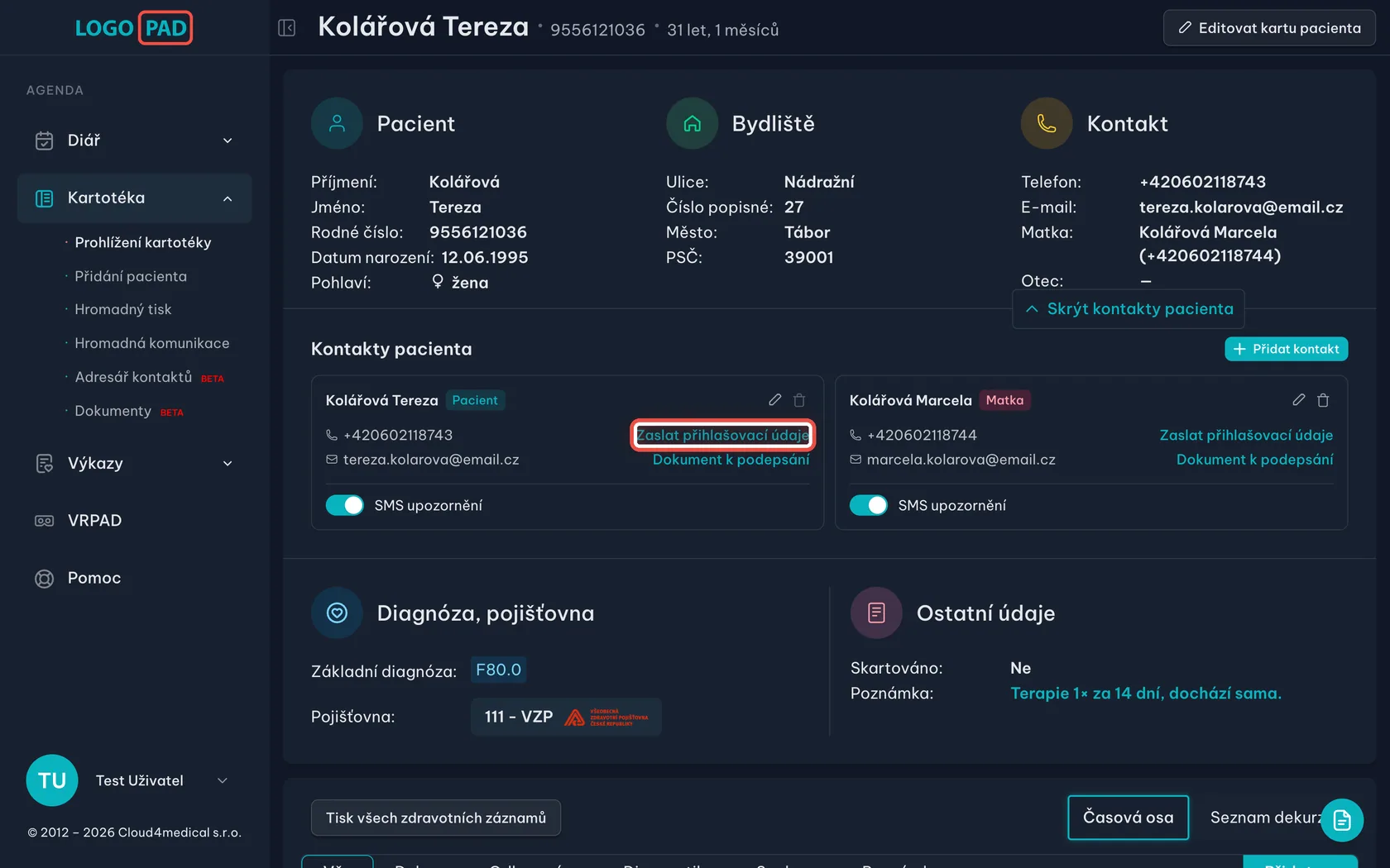 Snímek obrazovky ke kroku 3: Pošlete pacientovi přihlašovací údaje