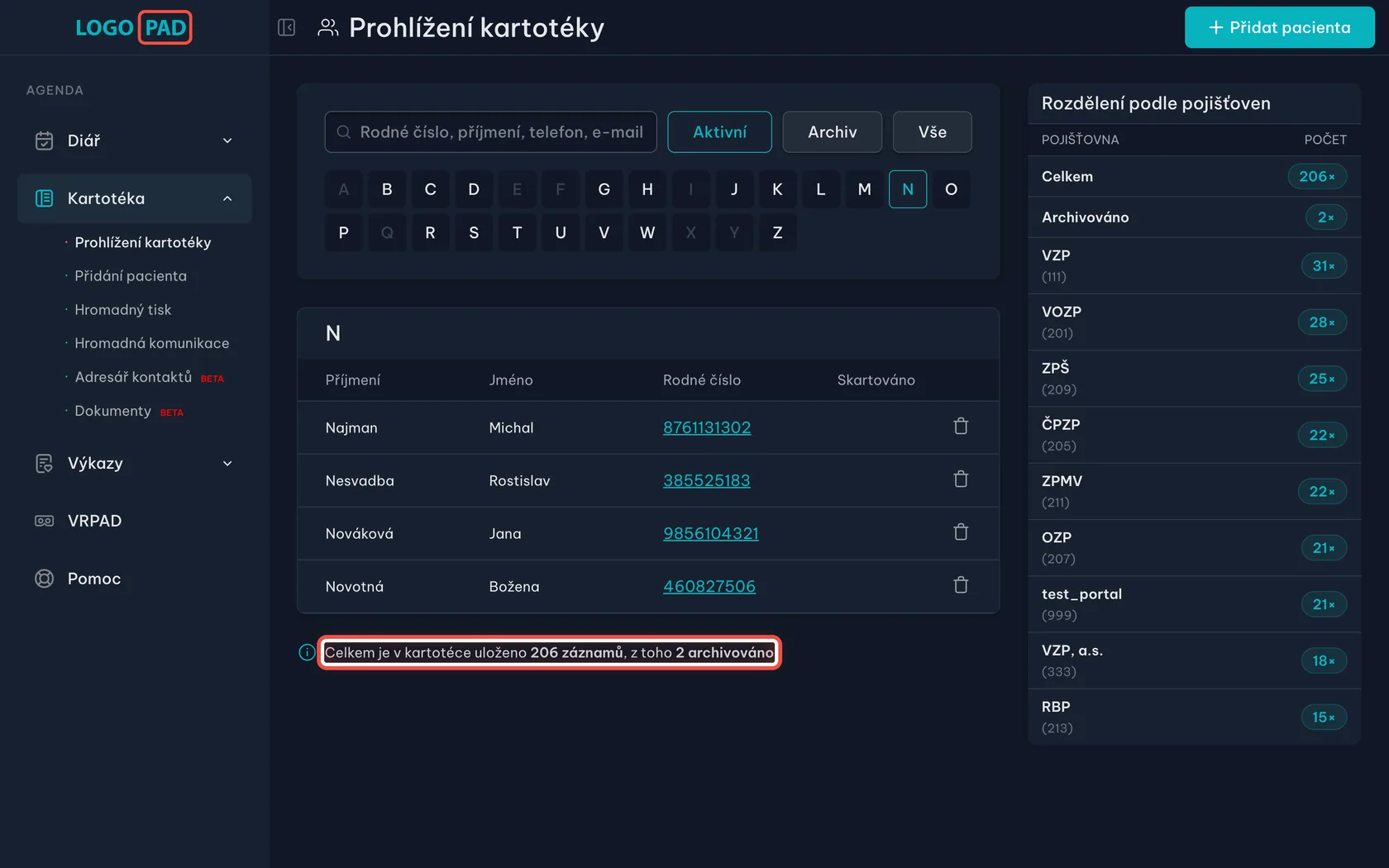Snímek obrazovky programu LOGOPAD, krok 12 z 17: Kolik pacientů v kartotéce máte — Nic. Číslo platí za celou kartotéku, ne za vybrané písmeno.