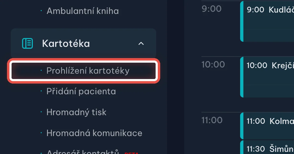 Zvětšenina místa, kam se klikne — Vyberte Prohlížení kartotéky