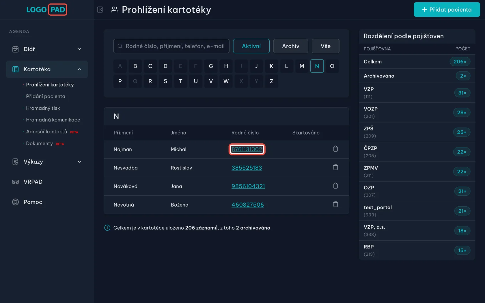 Snímek obrazovky programu LOGOPAD, krok 10 z 17: Otevřete kartu pacienta — Klikněte na rodné číslo pacienta, kterého chcete otevřít.
