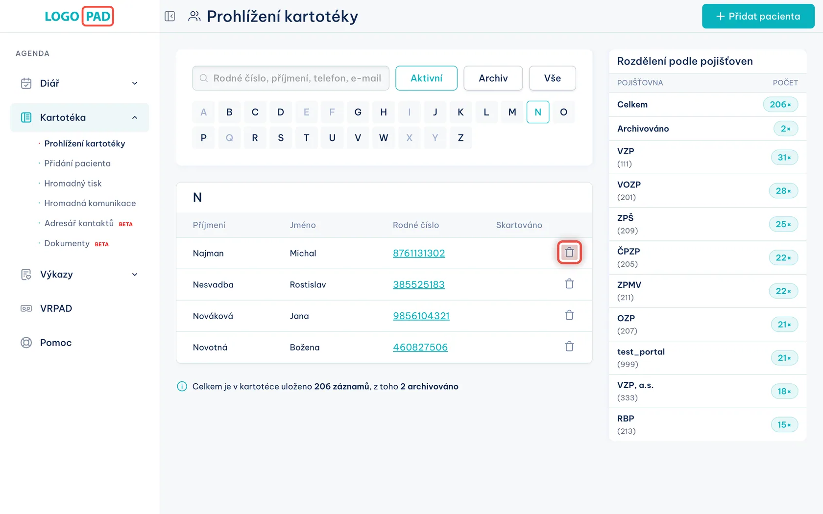 Snímek obrazovky programu LOGOPAD, krok 15 z 17: Smazání pacienta — Klikněte na koš u řádku pacienta, kterého chcete z kartotéky odstranit.