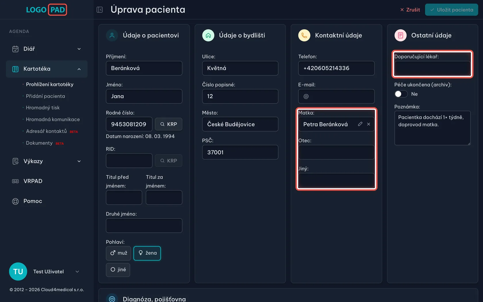 Matka, otec, doporučující lékař — snímek obrazovky programu, krok 23 z 27