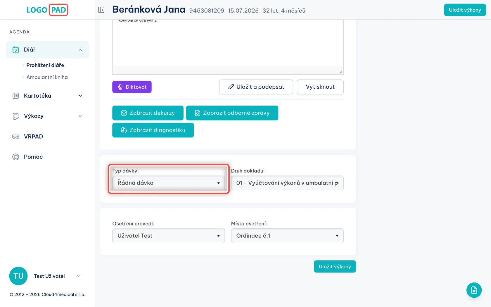 Snímek obrazovky ke kroku 8: Potřebuji dávku a fakturu jen za jedno sezení, ne za celý měsíc