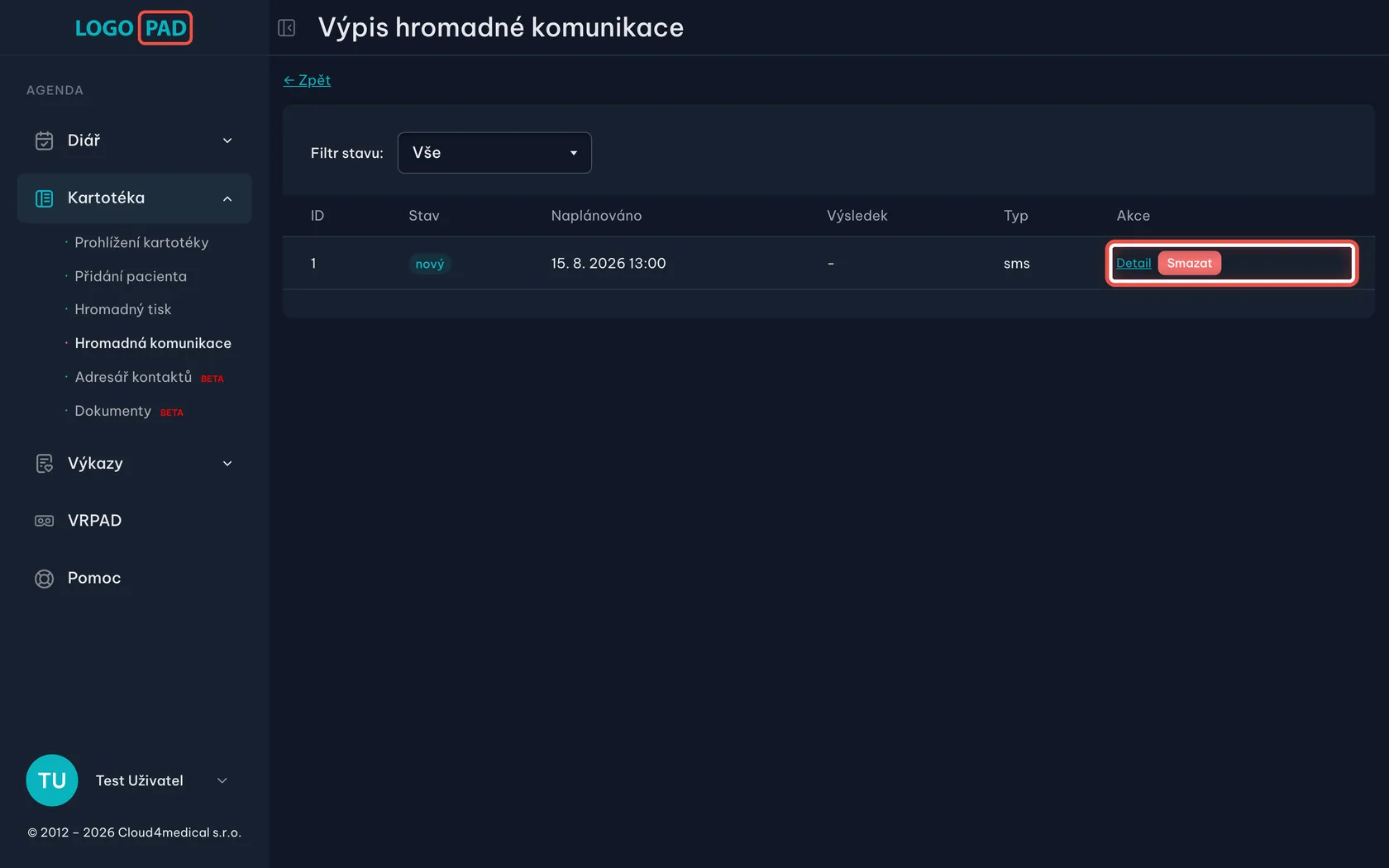 Snímek obrazovky ke kroku 19: Výpis hromadné komunikace