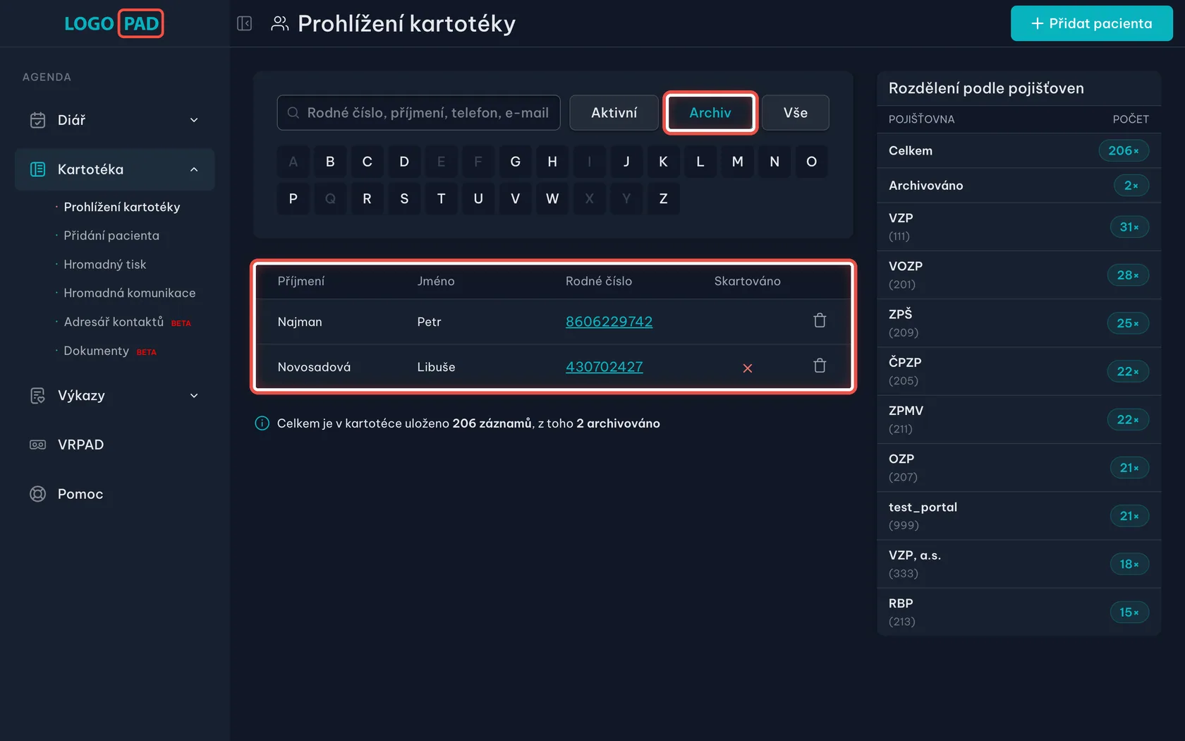 Snímek obrazovky programu LOGOPAD, krok 8 z 17: Podívejte se do archivu — Klikněte na Archiv. Zpět se vrátíte tlačítkem Aktivní.