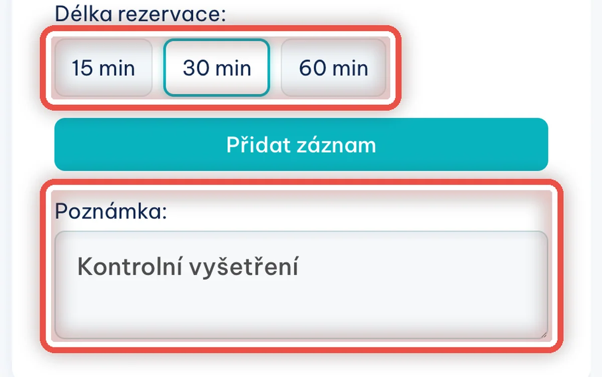 Detail — Vyberte délku a připište poznámku