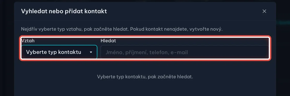 Přidání dalšího kontaktu — zvětšené místo, kam se dívat