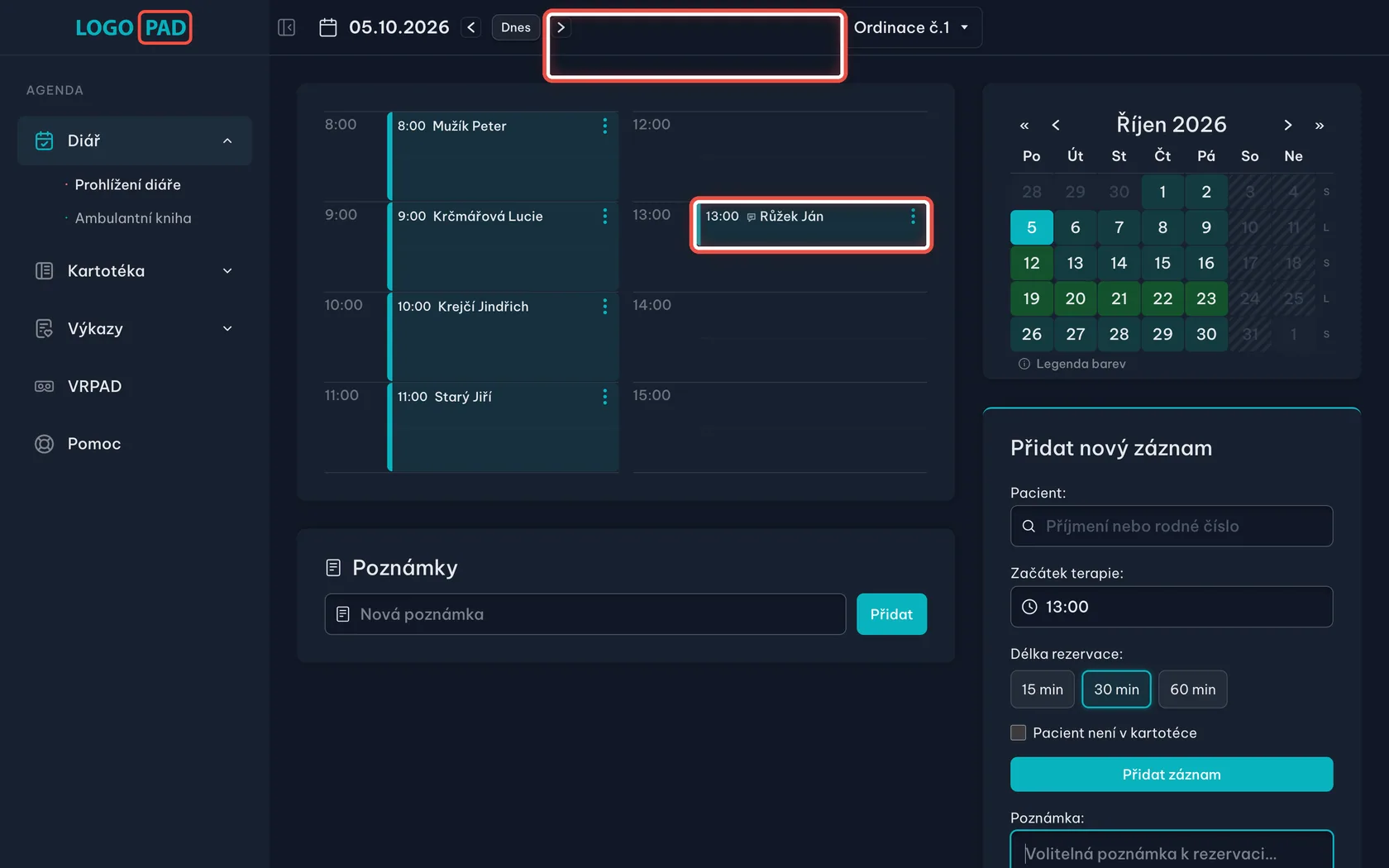 Krok 13: Hotovo — pacient je objednaný — snímek obrazovky programu