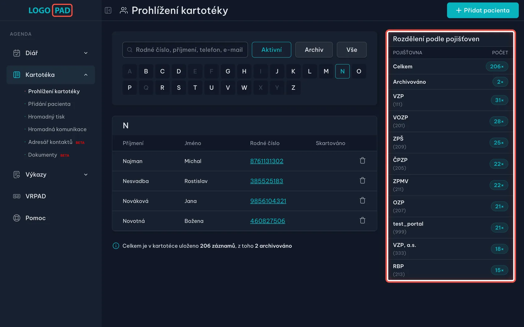 Snímek obrazovky programu LOGOPAD, krok 13 z 17: Rozdělení podle pojišťoven — Nic. Slouží jako rychlý přehled, kolik pacientů které pojišťovně vykazujete.