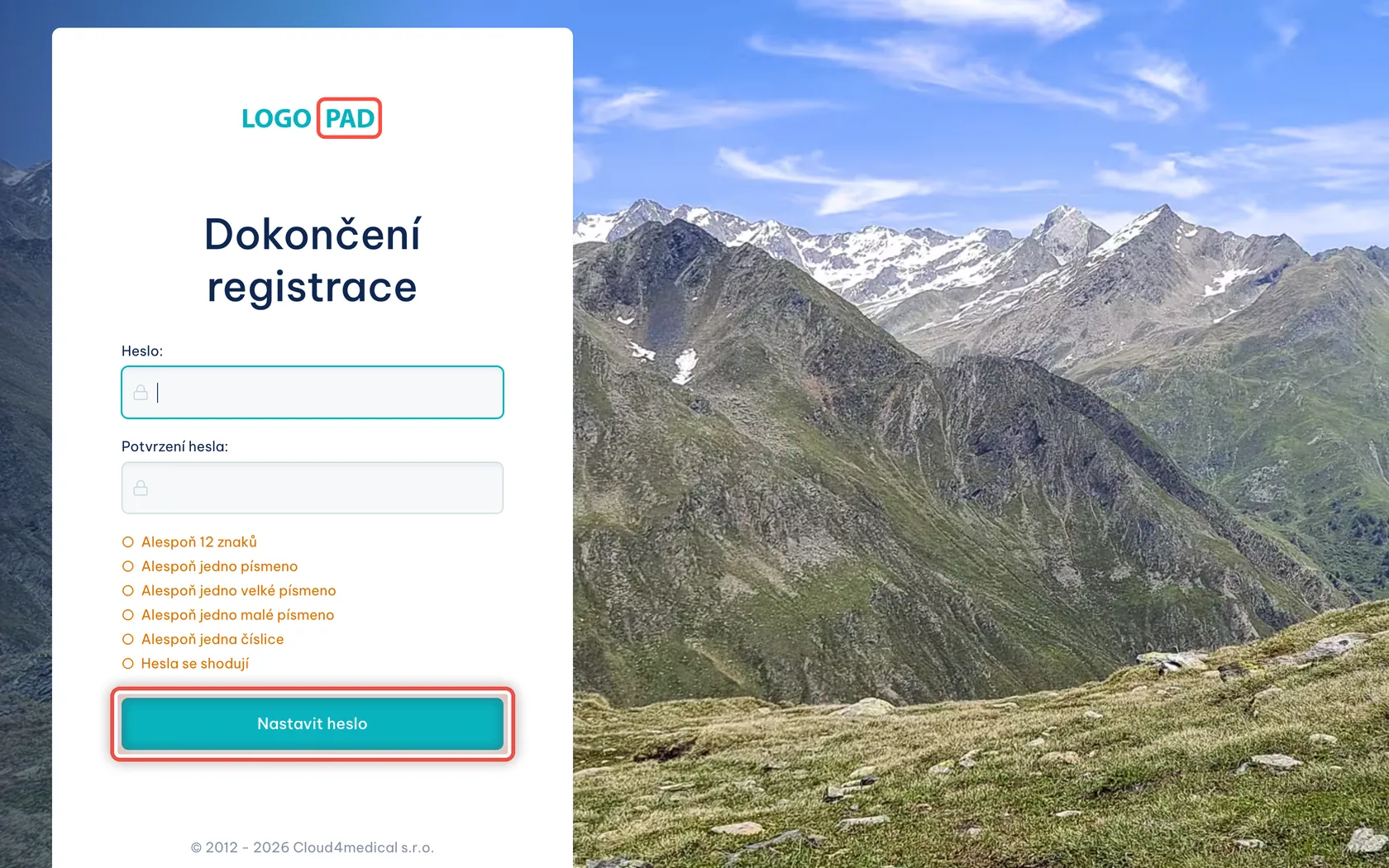 Snímek obrazovky ke kroku 7: Pacient si nastaví heslo