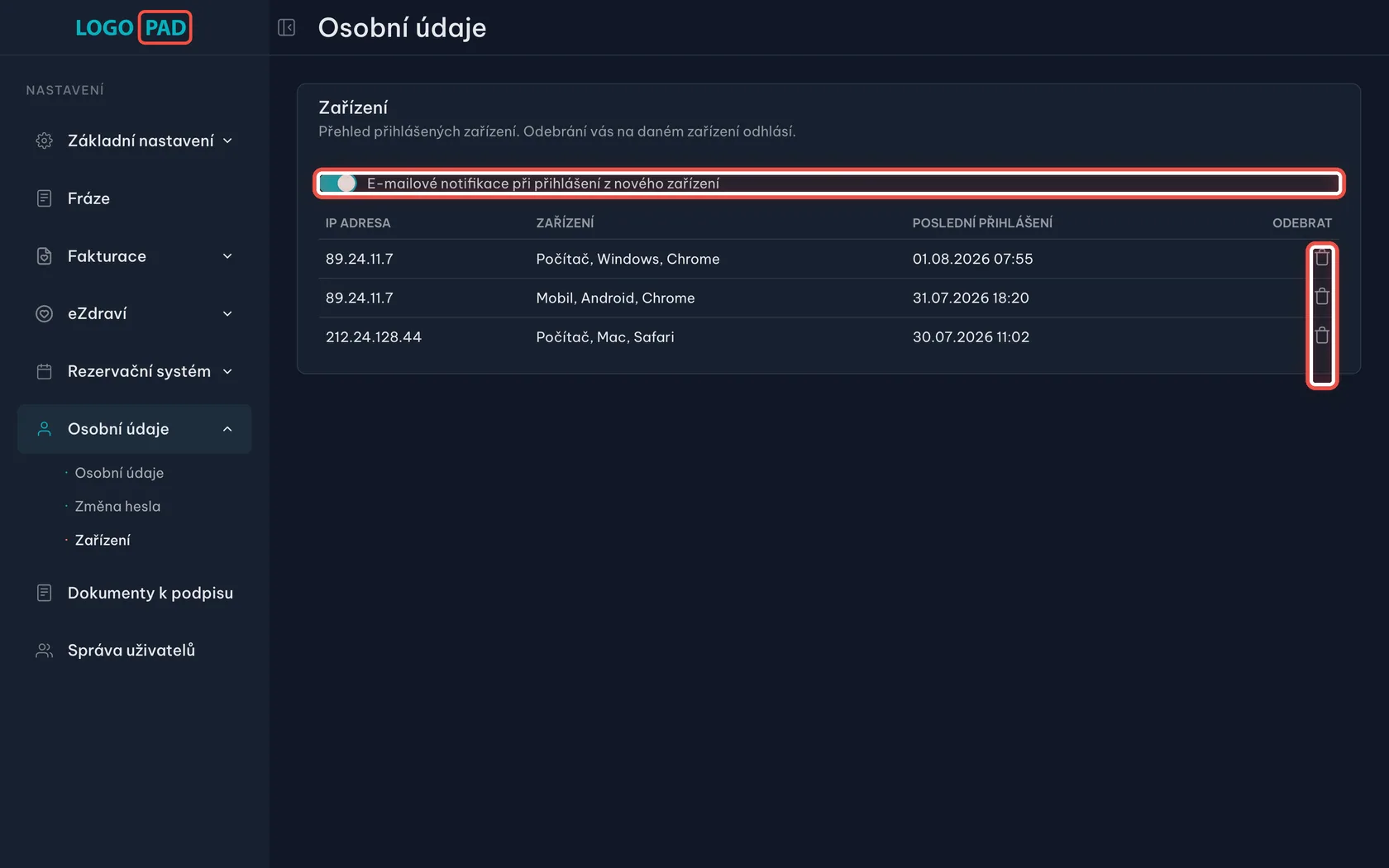 Krok 11 z 13 — Kde všude jste přihlášeni: Seznam počítačů, tabletů a telefonů, ze kterých jste se do programu přihlásili, s datem posledního přihlášení.